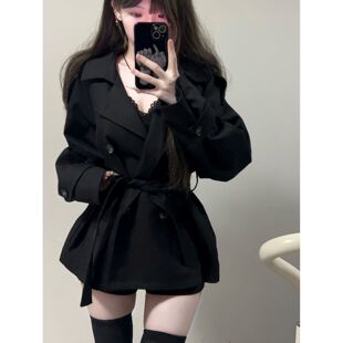 纯欲风复古双排扣风衣女春秋新款小个子高级感黑色收腰短款外套