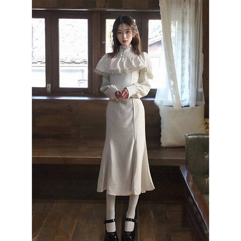 法式富家千金斗篷连衣裙女春季2025新款高级感收腰显瘦鱼尾长裙子