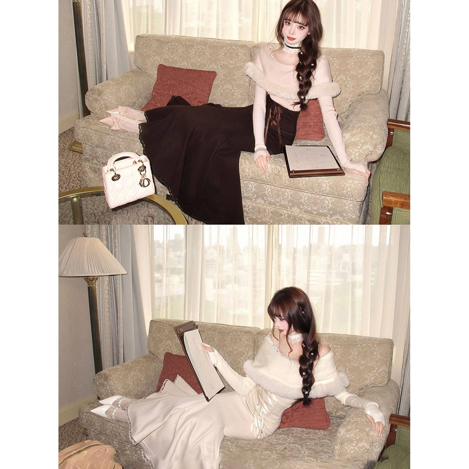 日系姐姐 法式千金风优雅名媛一字肩毛衣+鱼尾长裙两件套冬季女