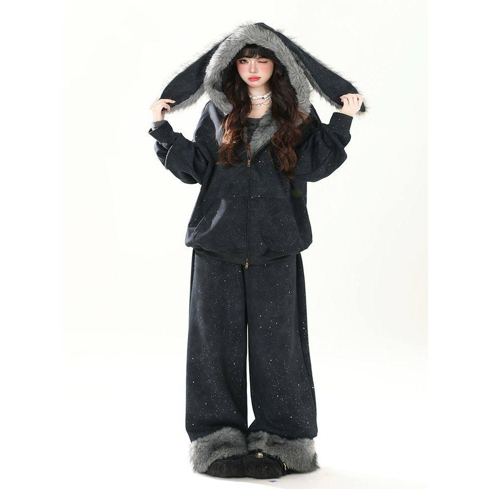 美式复古满天星毛绒绒兔耳连帽卫衣套装女加绒冬季宽松慵懒两件套