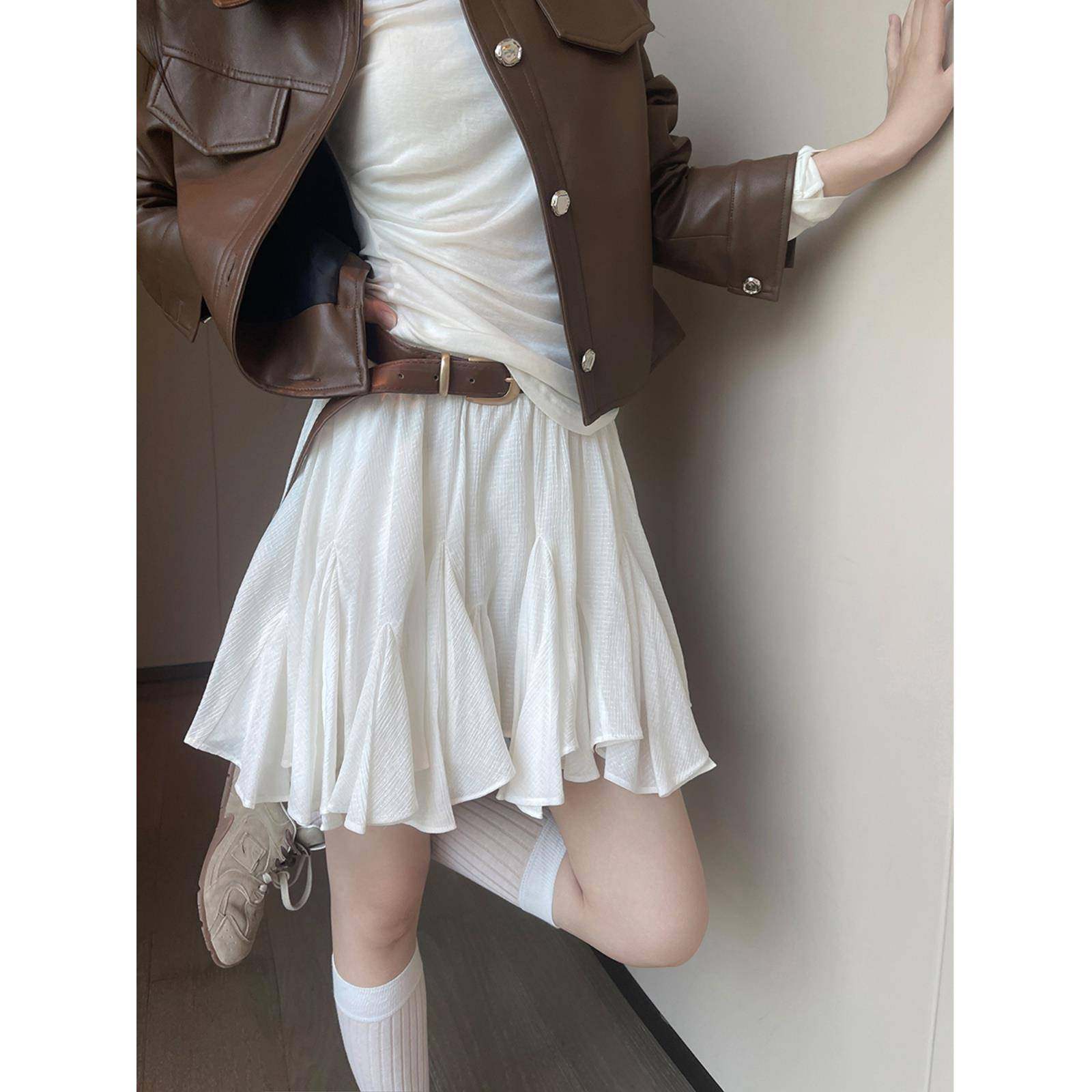 PINKEEN白色不规则百褶半身裙女秋季2025新款高腰百搭气质a字短裙