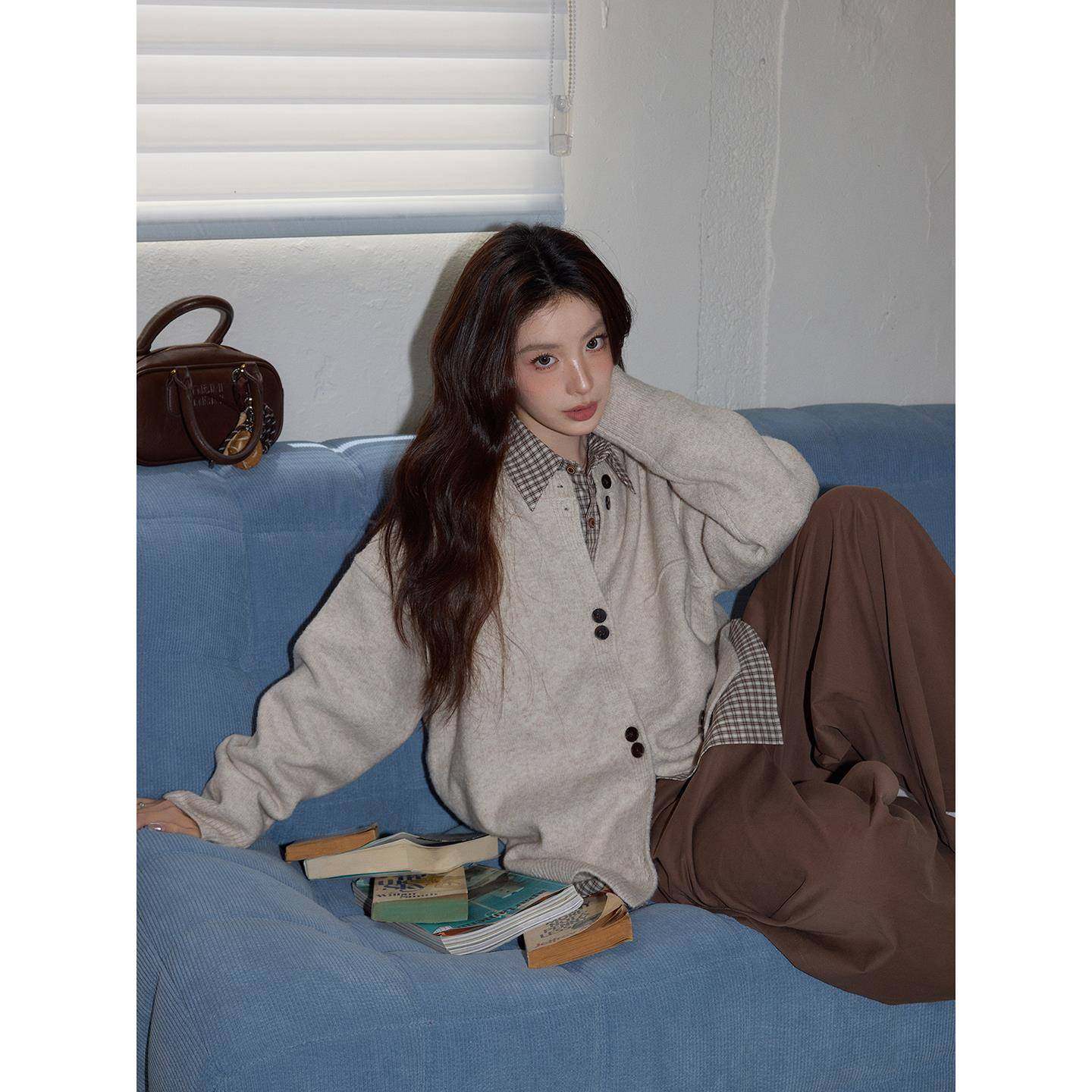 吵吵家杏色慵懒毛衣外套女初冬气质宽松休闲加厚针织衫外搭上衣