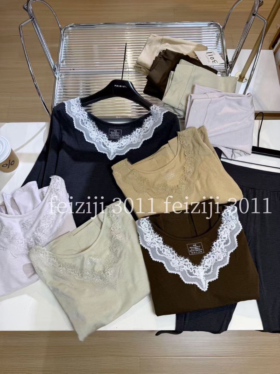 FZJ秋冬新款蕾丝保暖套装女V领长袖长裤修身显瘦打底秋衣秋裤3011