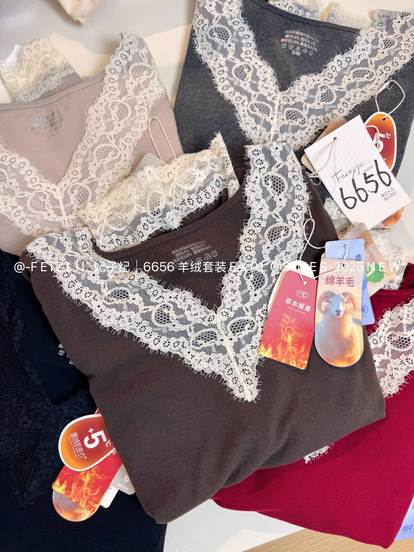 妃子纪 性感蕾丝边V领保暖绵羊毛内衣女套装秋衣秋裤修身打底6656