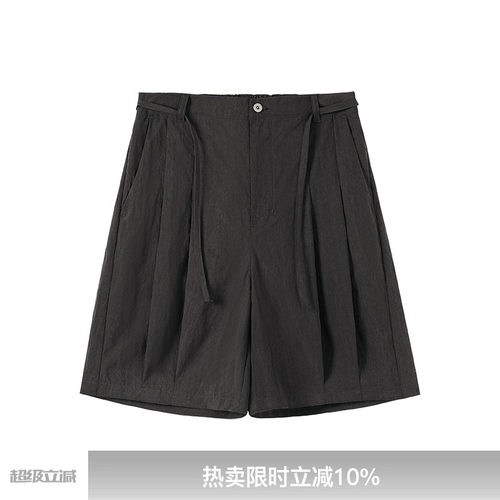 WHIMNOTION 25SS蜡感天丝立体褶位短裤潮垂顺抗皱夏季腰带五分裤