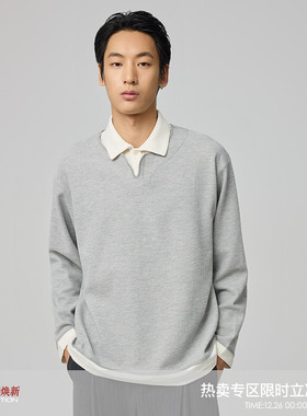 WHIMNOTION 25AW假两件拼接华夫格polo长袖T恤老钱风休闲百搭上衣