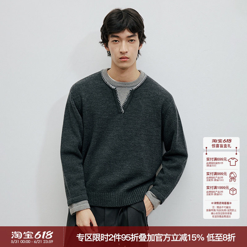 WHIMNOTION 25AW「假两件手缝线」澳洲进口美利奴羊毛亨利领毛衣