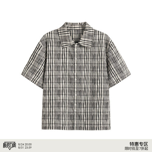 WHIMNOTION 25SS褶皱肌理格纹抽绳短袖衬衫夏垂顺抗皱休闲上衣