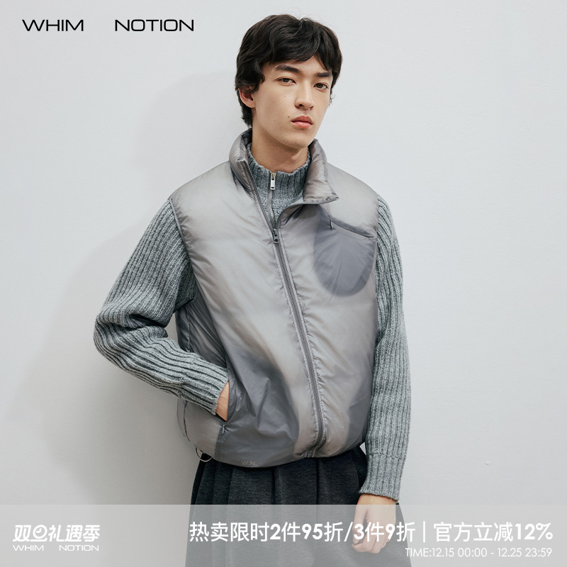WHIMNOTION 25AW透视结构斜拉链防泼水羽绒马甲超轻量化90白鸭绒