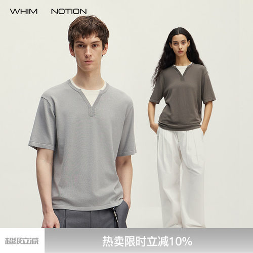 WHIMNOTION 26SS「亚麻假两件」亨利领14针织圆领短袖