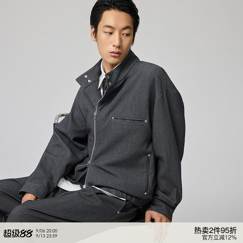 WHIMNOTION 25AW「天丝羊毛」撞钉斜拉链哈灵顿立领夹克休闲外套