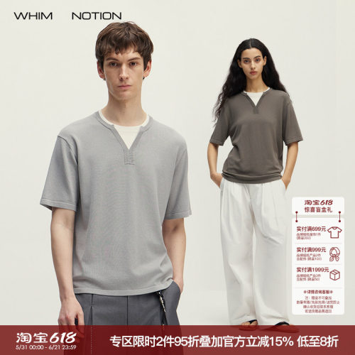 WHIMNOTION 26SS「亚麻假两件」亨利领14针织圆领短袖