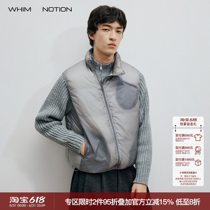 WHIMNOTION 25AW透视结构斜拉链防泼水羽绒马甲超轻量化90白鸭绒
