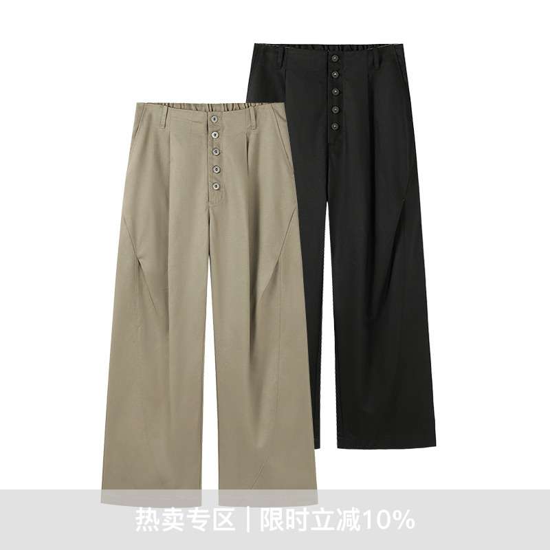 WHIMNOTION 25SS立体褶位钮扣天丝长裤垂顺抗皱宽松直筒休闲裤