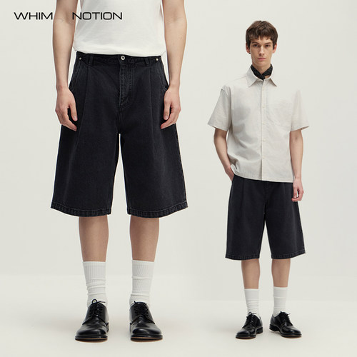 WHIMNOTION 26SS「打褶撞钉」水洗牛仔短裤 宽松百搭直筒六分裤