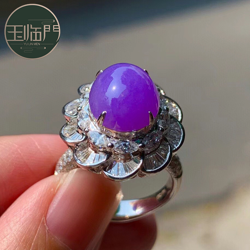 玉临门冰种帝王紫翡翠蛋面戒指女 18k金镶嵌钻石饱满圆润落落大方