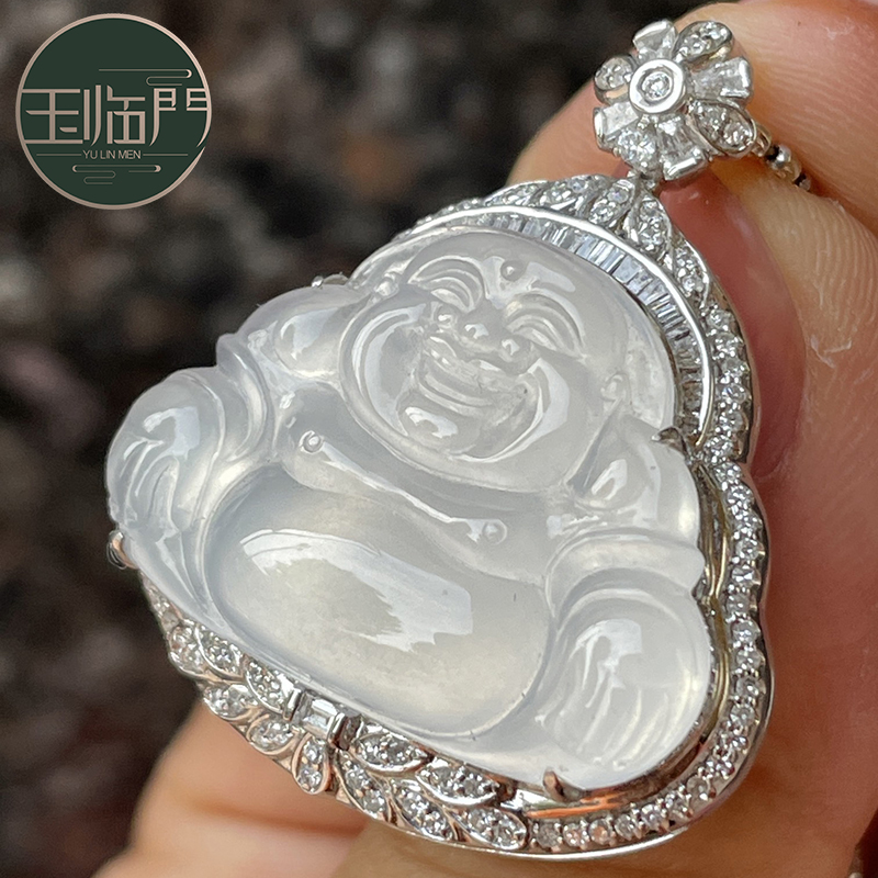 玉临门冰种底色翡翠佛公吊坠女士 18k金镶嵌钻石落落大方沁人心田