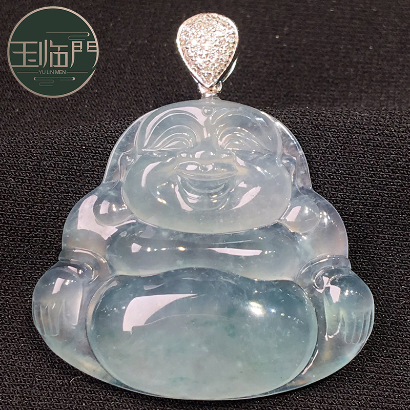 玉临门冰种飘花翡翠佛公吊坠女 18k金镶嵌钻石柔美灵气简洁大方