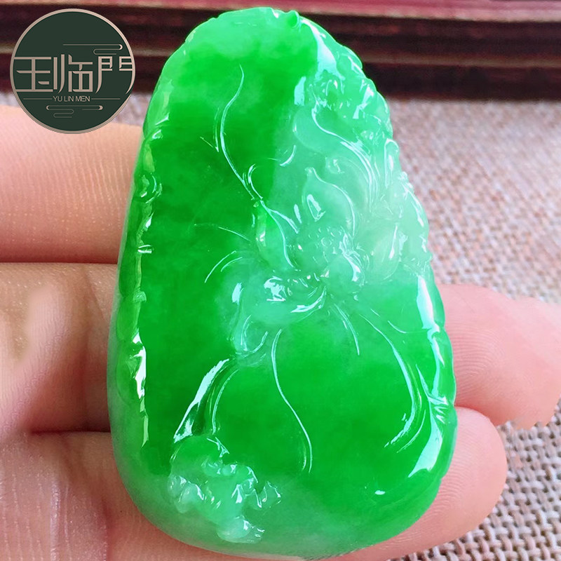 玉临门天然缅甸老坑a货翡翠玉石雕刻冰种飘绿和美荷叶翡翠吊坠女