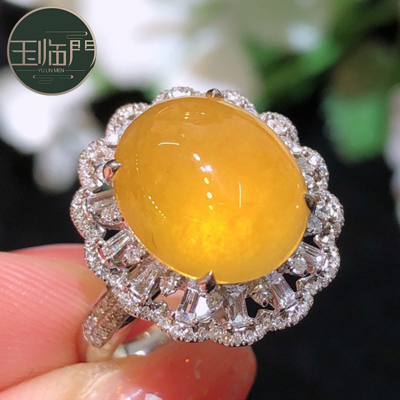 玉临门天然缅甸老坑a货翡翠冰种黄翡鸽子蛋18k金镶嵌翡翠戒指女士