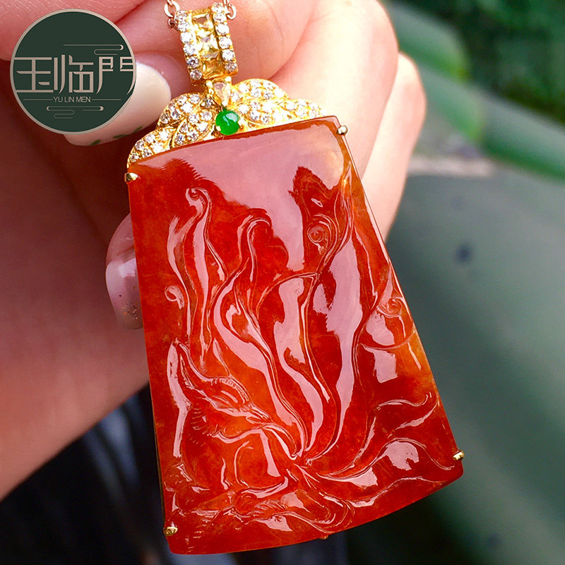 玉临门缅甸老坑天然a货翡翠冰种红翡九尾狐18k金镶嵌翡翠吊坠女士