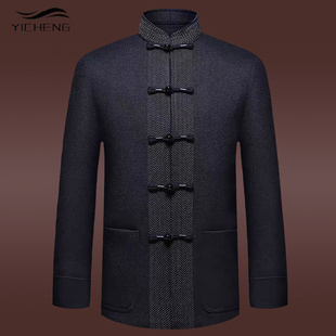 中国风高档唐装男装中老年秋冬羊毛呢子外套爷爷爸老人中山装套装