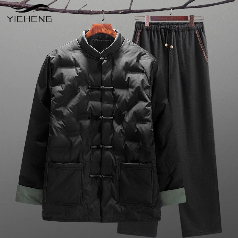 高端中国风唐装羽绒服外套男款冬季加厚爸爸老人盘扣棉袄棉服套装