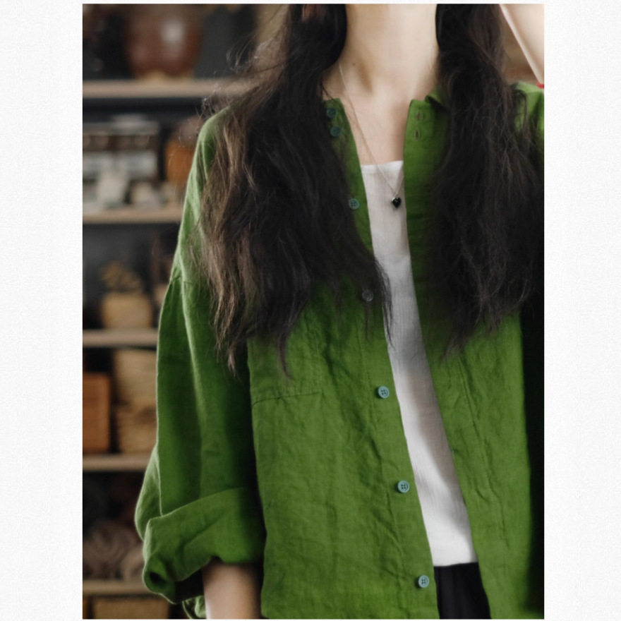绿亚麻宽松衬衫秋季新款女翻领长袖衬衣开衫休闲外套亚麻衬衫女