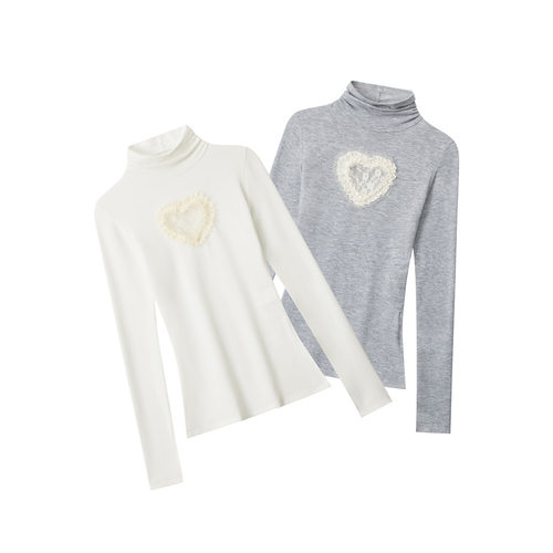 Nariele半高领修身显瘦内搭打底衫上衣秋季镂空蕾丝爱心长袖