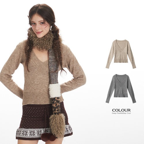 Nariele秋冬季复古修身显瘦长袖针织衫女V领短款内搭打底毛衣