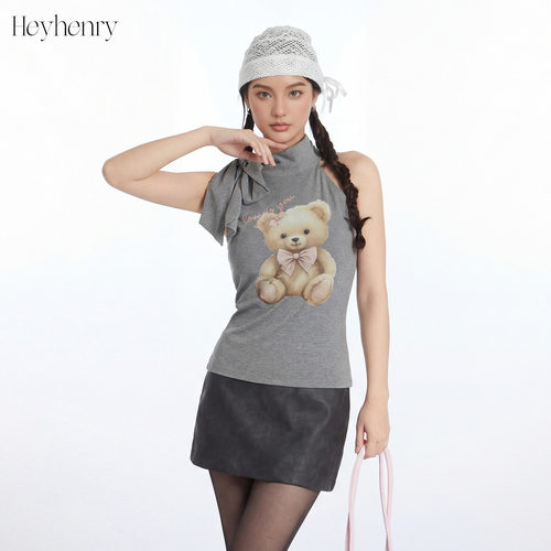 HeyHenry 小熊印花挂脖蝴蝶结背心女夏季外穿辣妹多巴胺无袖上衣