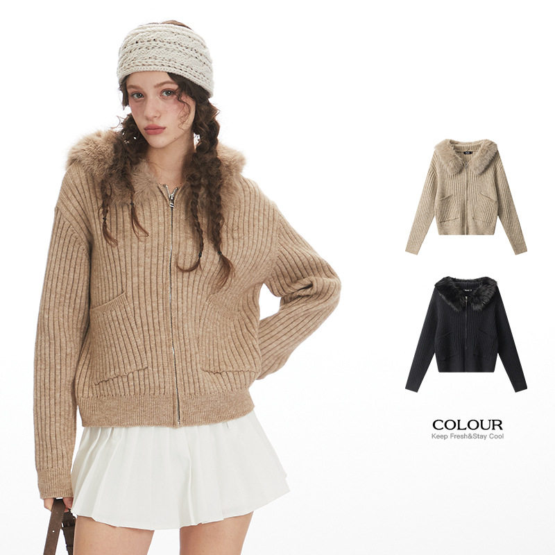 Nariele毛毛领美式修身连帽针织衫毛衣女开衫短款打底秋冬外套,女装/女士精品,毛衣,淘宝优惠券,粉丝福利购,淘宝优惠卷