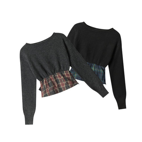 HeyHenry美式学院风短款拼接长袖针织衫女春秋季套头修身内搭