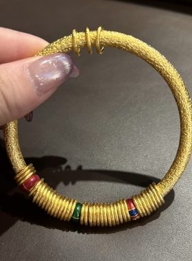 金包银珐琅盘缠手镯古法锤纹镯子女简约百搭闭口手镯定制首饰饰品