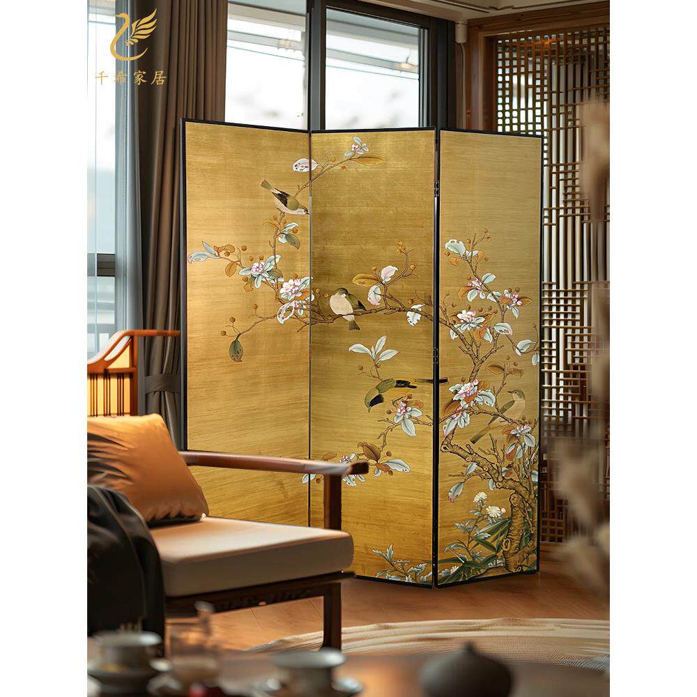 中古风手绘漆画屏风金箔花鸟茶室客厅餐厅玄关隔断沙发背景可定制