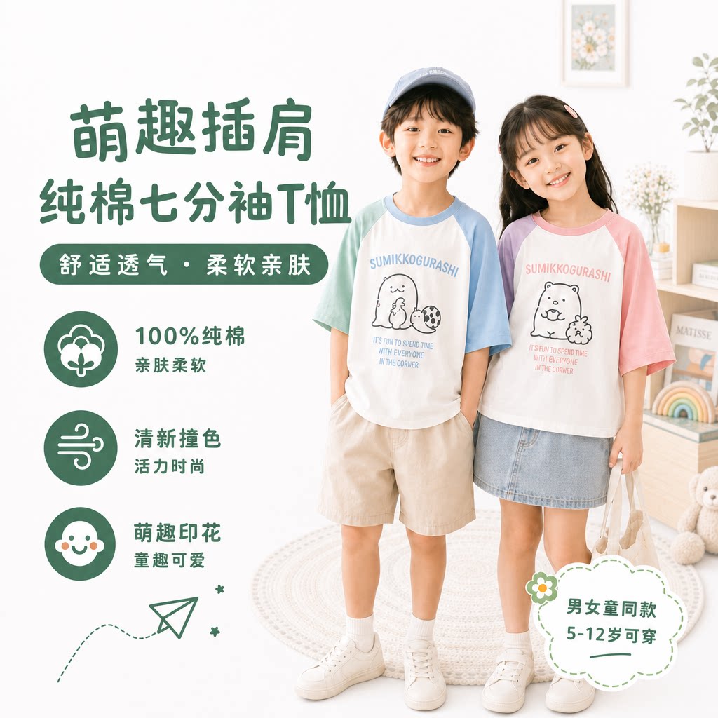 男女童新款纯棉宽松T恤夏季七分袖透气舒适休闲百搭上衣中大童款