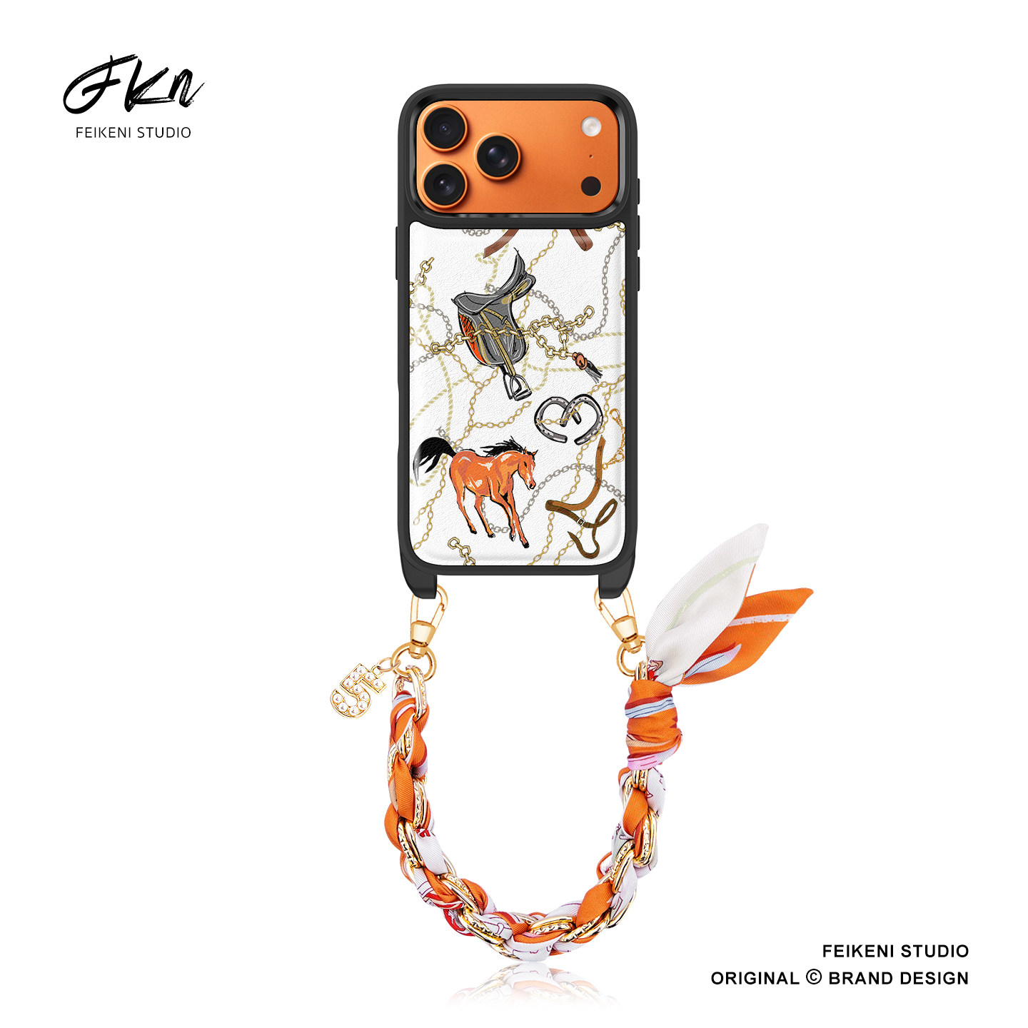 原创小众丝巾链条橙马适用于苹果17pro Max手机壳iPhon