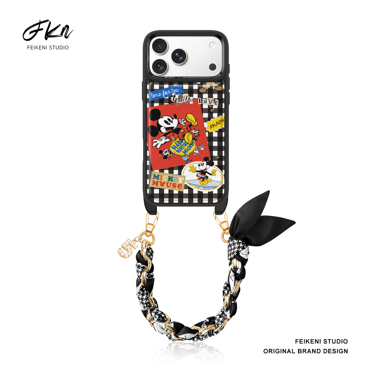 小众原创不撞壳格子米奇适用于苹果17promax手机壳斜挎小羊皮16pro防摔13全包16保护套iPhone15proMax新13pro