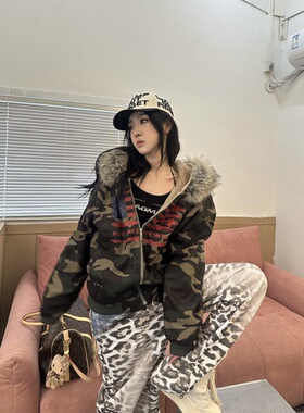 【双色】加厚迷彩大毛领座山雕连帽棉服短款冬季cleanfit外套