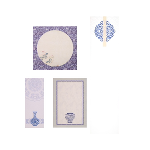 微喷蜡染四尺对开小品手札青花瓷图案蓝色山水图案诗帖清新女生半生熟复古书法创作小楷印屏行书软笔作品宣纸