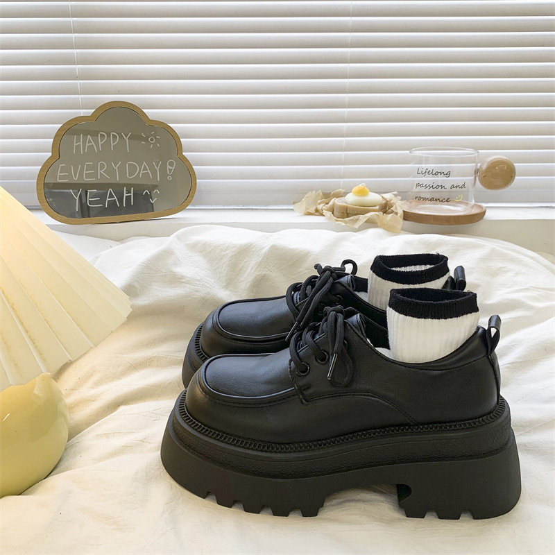 黑色小皮鞋女2024新款春季百搭日系jk增高厚底系带英伦风复古单鞋