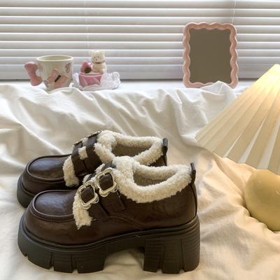英伦风加绒乐福棉鞋女2024秋冬新款厚底粗跟复古毛毛玛丽珍小皮鞋