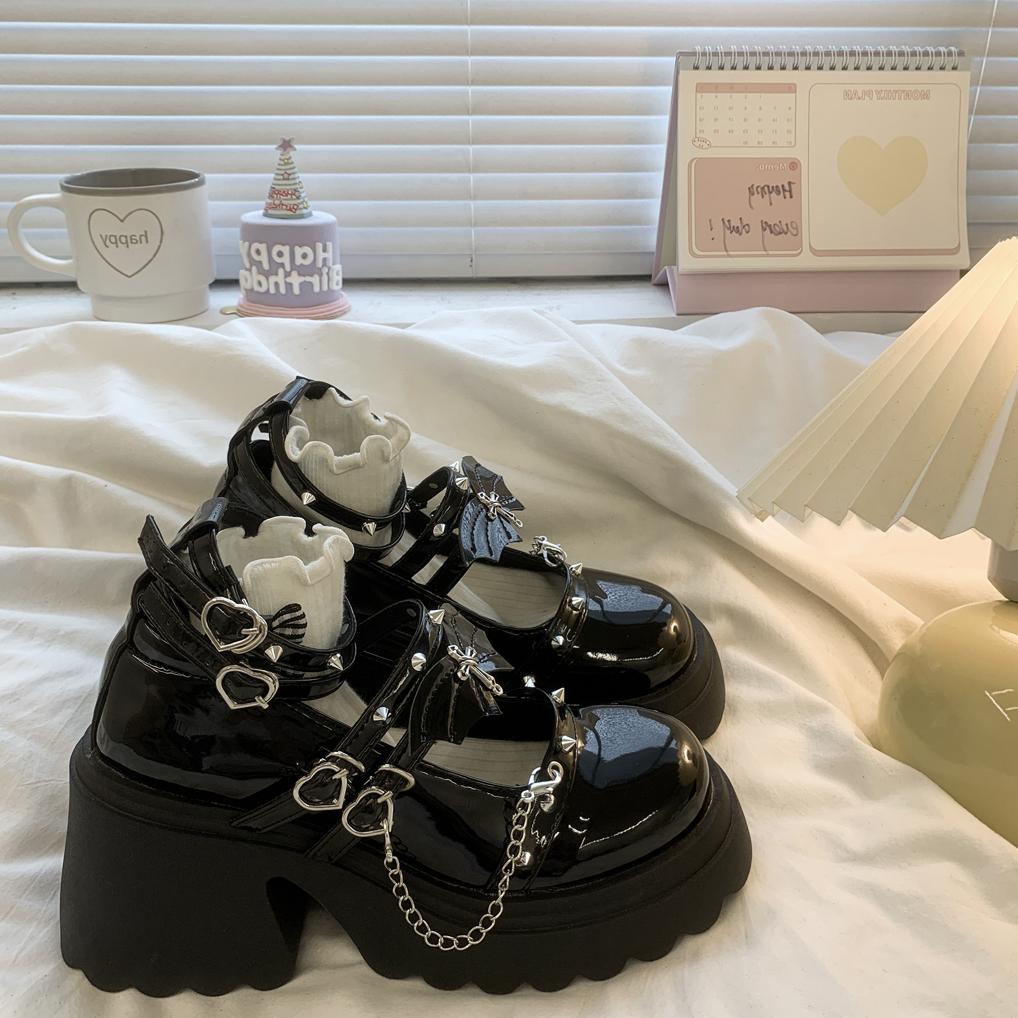 摇滚辣妹小个子高跟增高朋克暗黑JK制服玛丽珍厚底小皮鞋女LOLITA