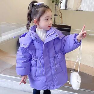 女童纯色棉服2025冬季新款加厚防风御寒儿童收腰连帽外套一件过冬