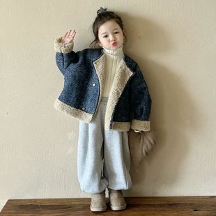 女童牛仔羊羔绒外套2025冬装新款儿童加绒加厚韩系小女孩皮毛一体