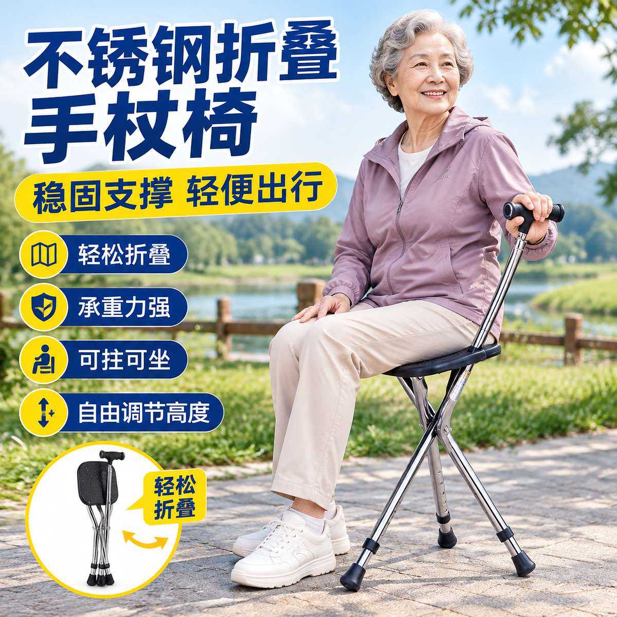 老年人外出折叠椅拐杖凳手杖拐棍