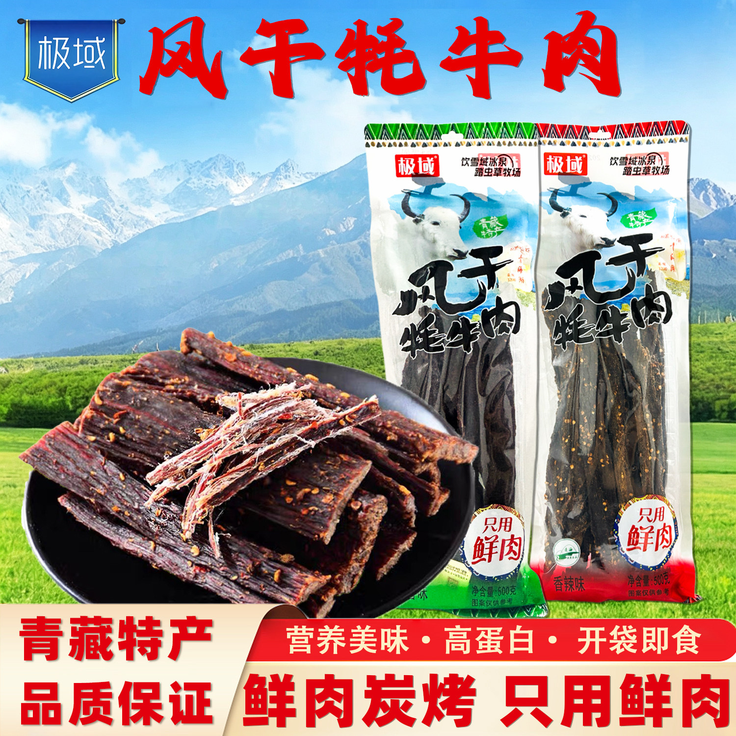 极域九成风干牦牛肉五香香辣青海特产风干藏手撕耗牛肉干休闲零食