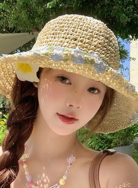 手工编织花朵渔夫帽女夏季海边