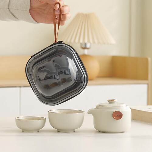 汝窑一壶两杯旅行茶具户外旅行茶具套组露营茶壶茶杯可携式包礼品