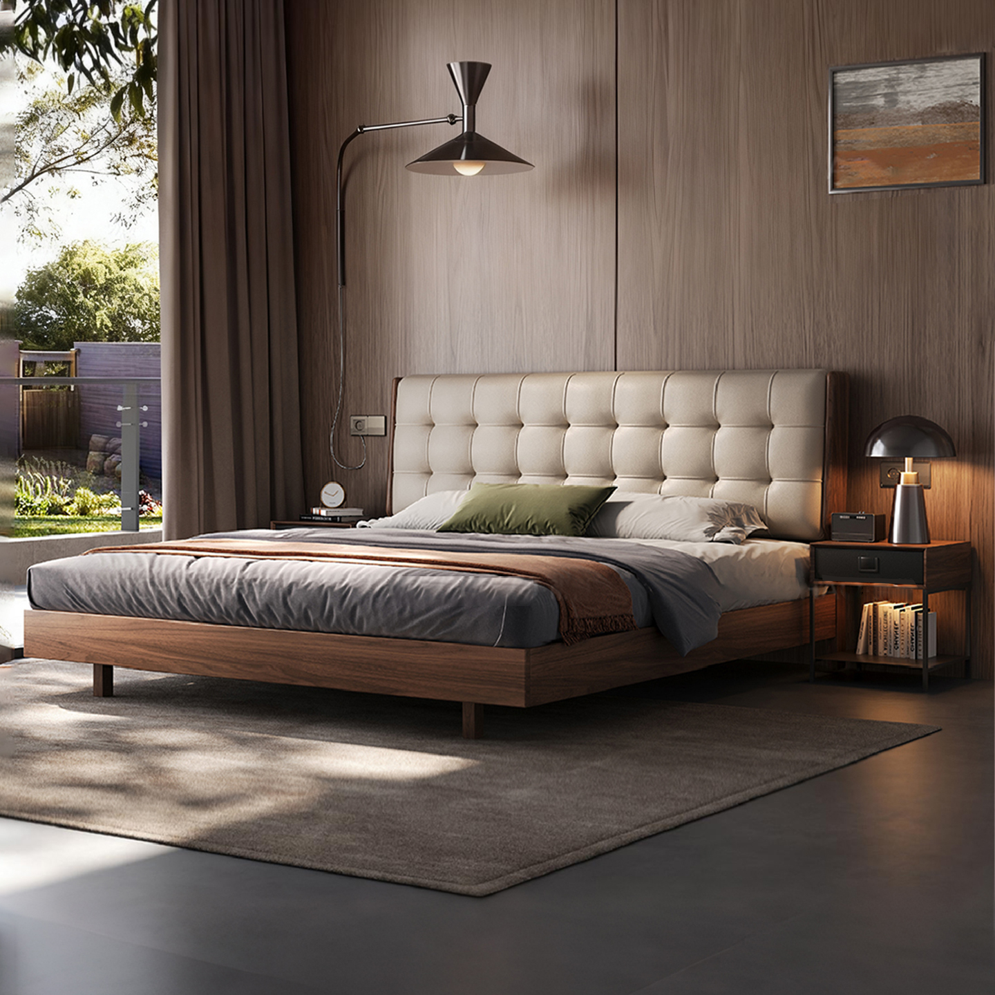 黑胡桃实木头层牛皮软包真皮床